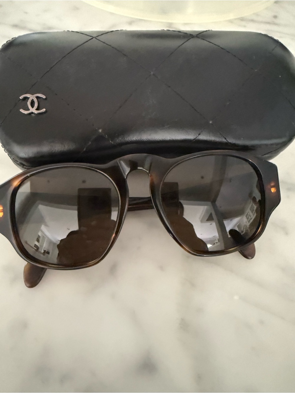 Vintage CHANEL Brown Tortoiseshell Sunglasses with Quilted Black CC Case